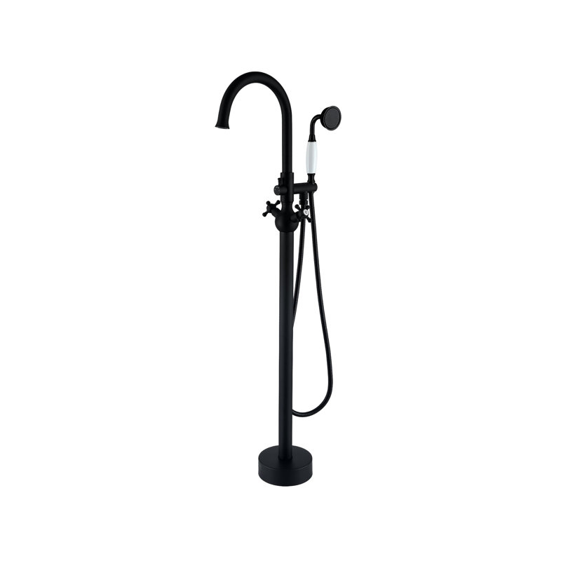 Triple Handle Floor Mounted Tub Filler With Handshower, Matte Black