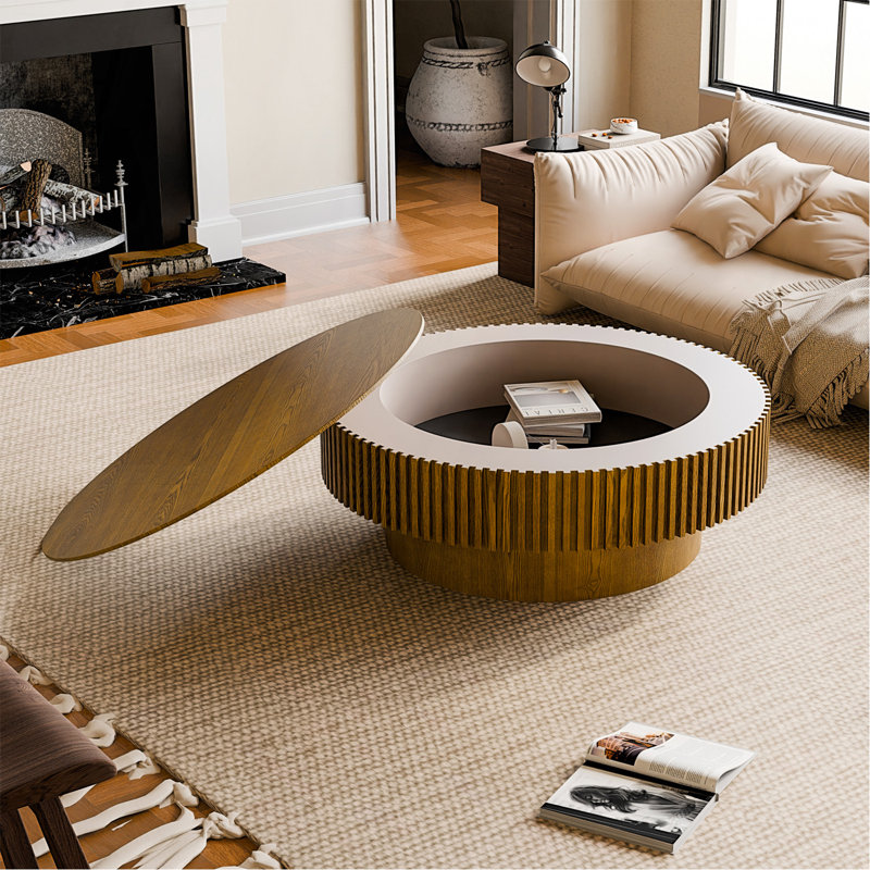Table basse 39,37 "ronde avec rangement Table d'appoint moderne en placage de bois massif pour salon, chambre à coucher, appartement ou bureau, brun