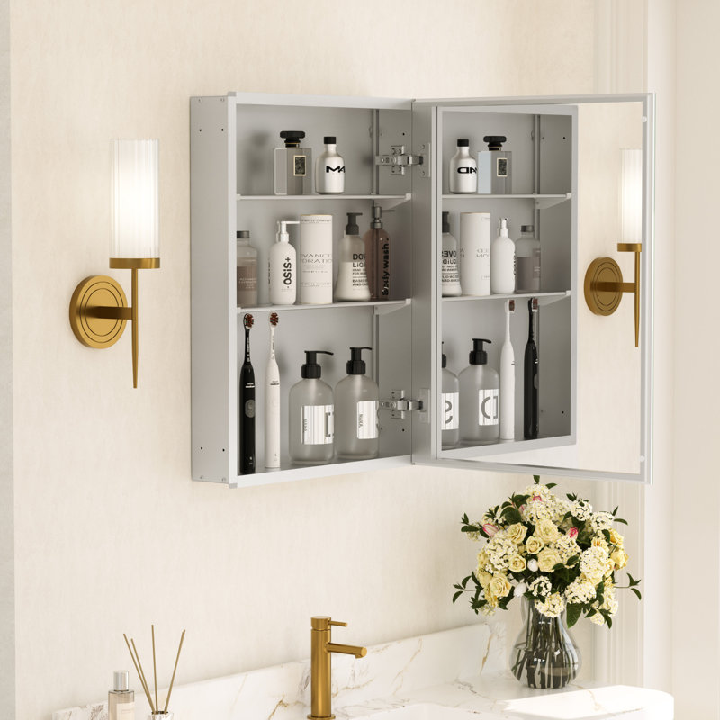 Armoire à pharmacie encastrée ou à fixation en surface sans cadre avec porte à miroir double face et tablettes réglables