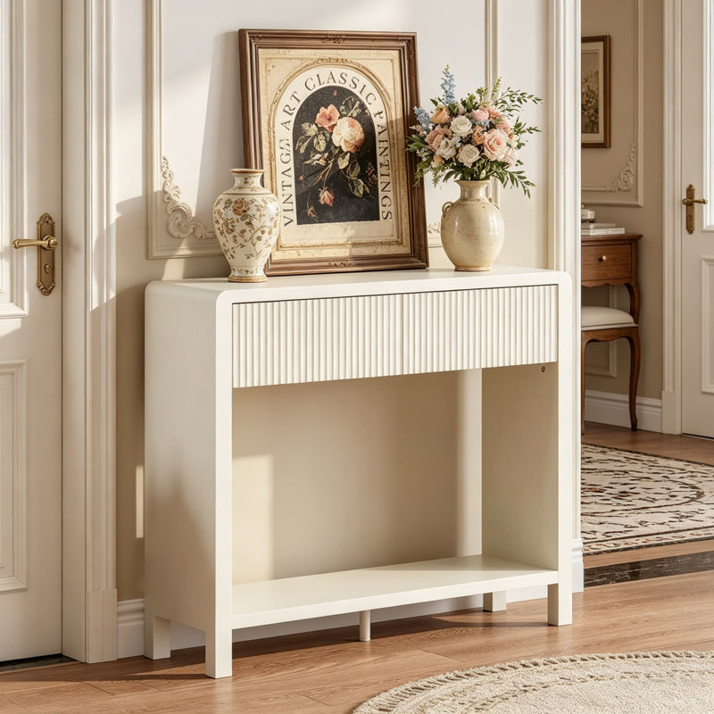 Console étroite avec 2 tiroirs et tablettes, canapé moderne de 39,37 pouces pour vestibule, couloir, salon, chambre à coucher, vestibule, grain de bois blanc antique