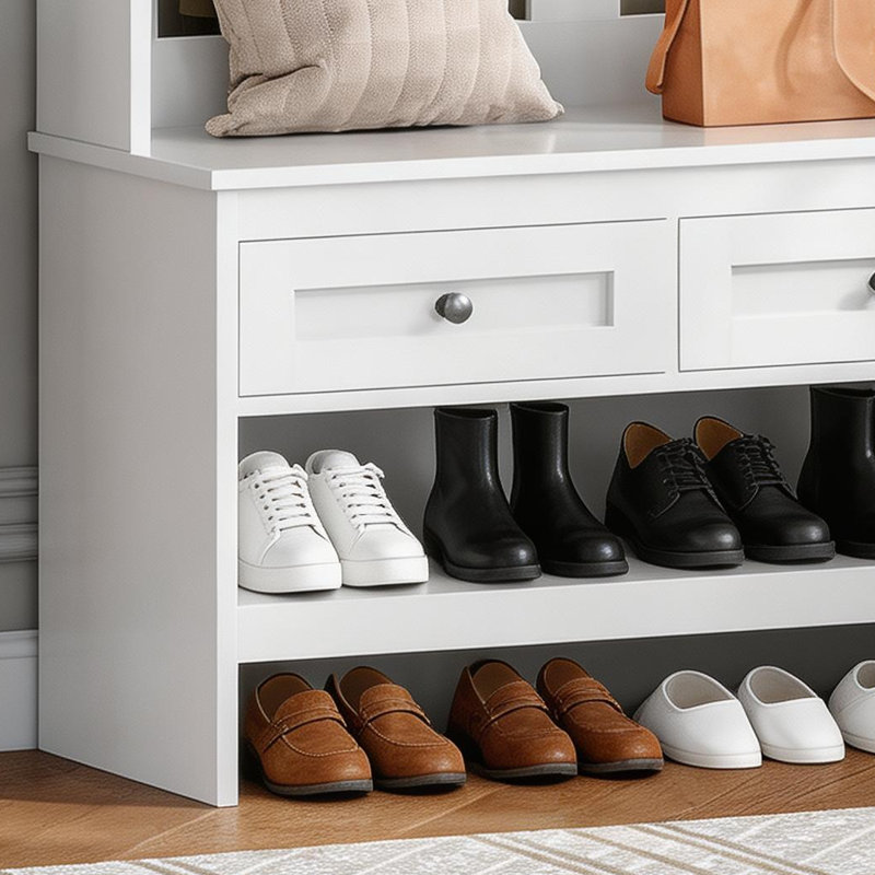 White, Arched Coat Rack For Entryways, With A Shoe Bench, Two Drawers, And Eight Hooks; Suitable For Hallways, Entryways, And Mud-Brick Rooms.
