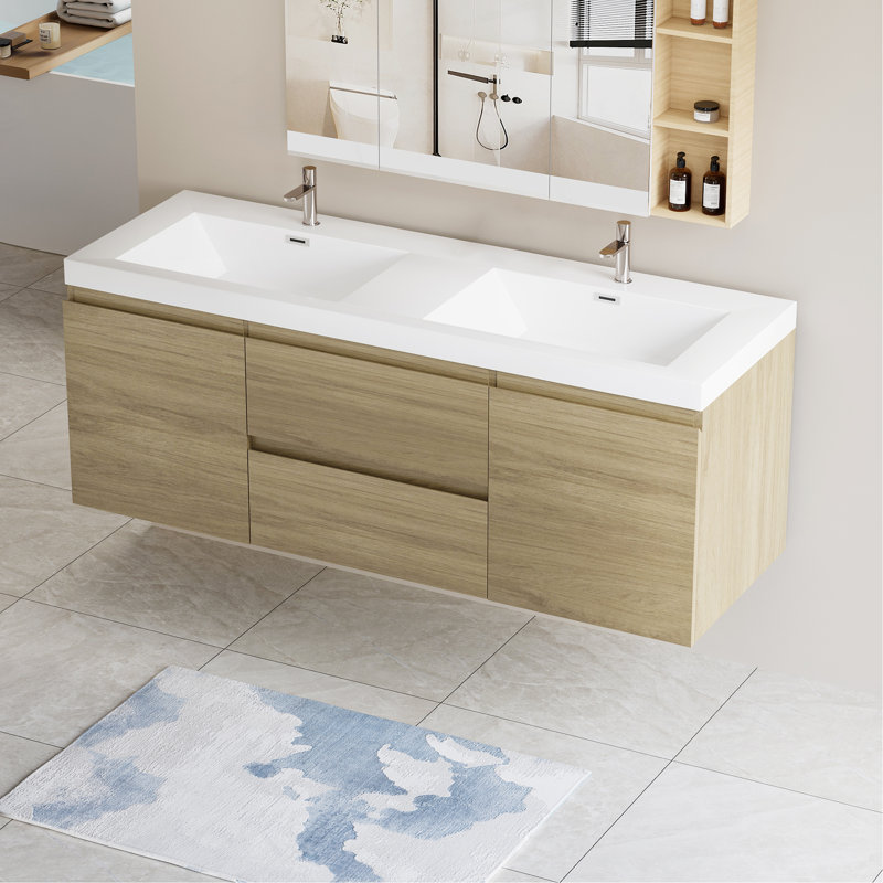 Meuble-lavabo flottant avec double lavabo et comptoir résistant de qualité supérieure pour optimiser l'espace