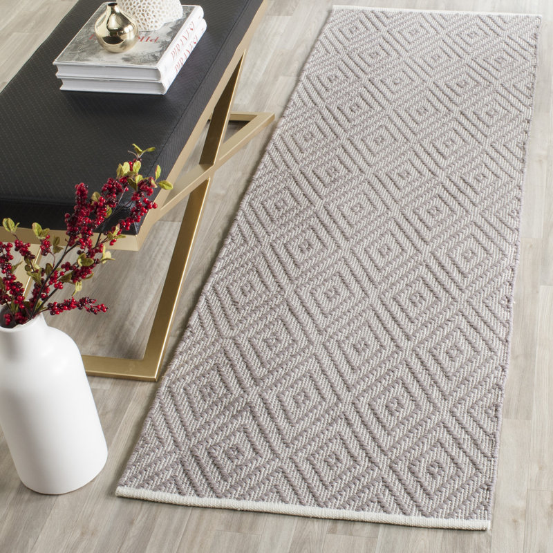 Tapis gris / ivoire en coton tissé à plat à la main Akihito, Tapis de couloir 2 pi 3 po x 13 pi