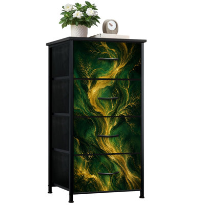 Commode de rangement verticale 4 tiroirs Émeraude dorée de luxe Abstrait art en ligne émeraude verte avec tiroirs en bois