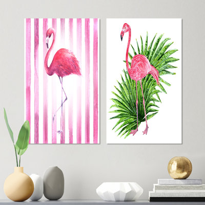 Flamant rose sur rayures roses - ensemble d'art traditionnel de 2 pièces