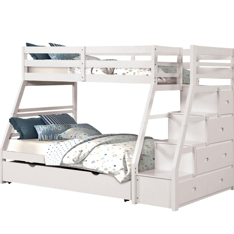 Twin Over Full Bunk Bed Of White Transitional Style With Lock Joint Rails And Built-In Storage, Front Steps Slat Kit For Lock, Drawers Access Steps, Mattress Support