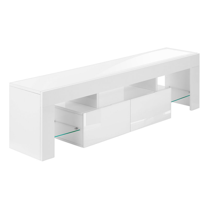 Console multimédia télé, 63 pouces, verre, 2 tiroirs, blanc