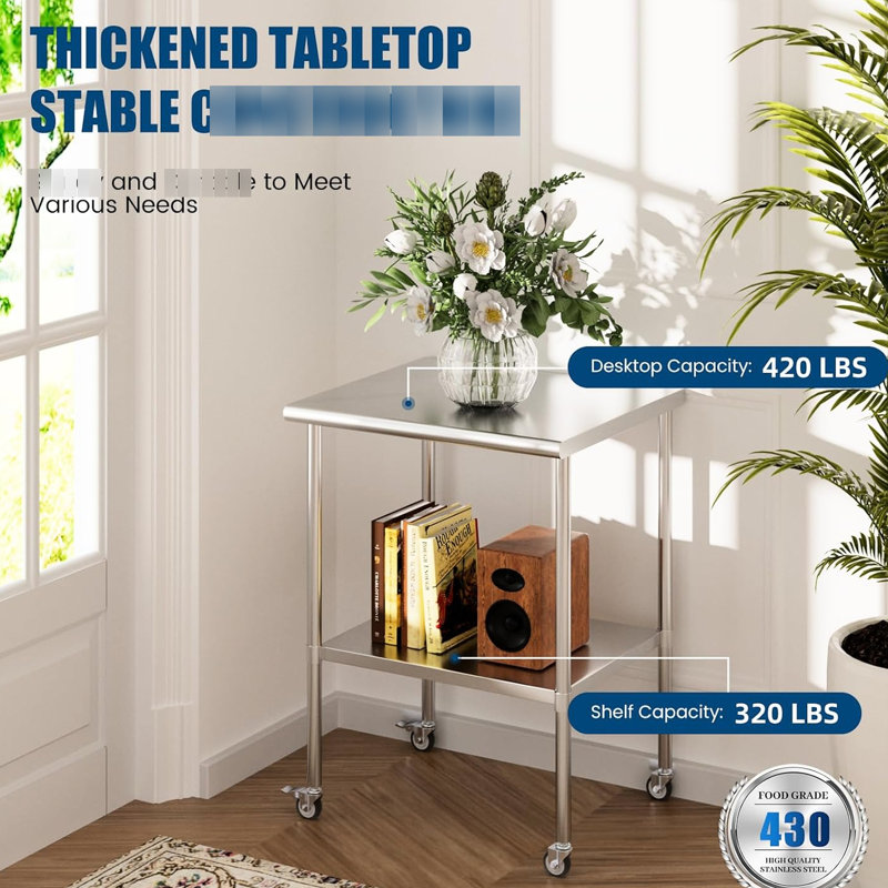 Table de travail robuste en acier inoxydable de 24 po x 30 po avec roulettes et tablettes réglables pour un usage commercial dans un garage