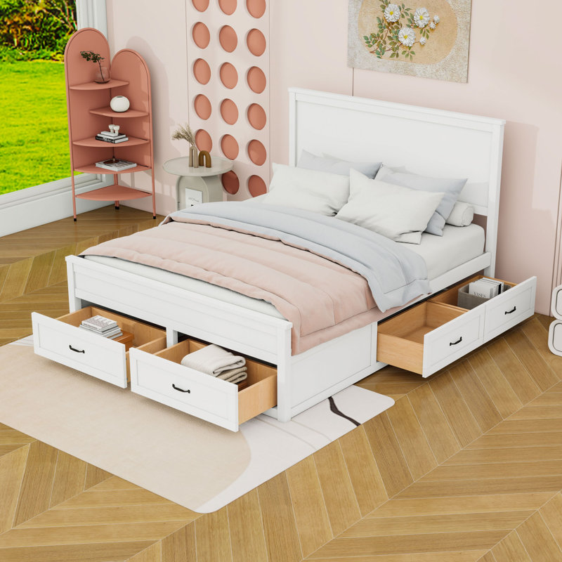 Structure de lit plateforme grand en bois avec 6 tiroirs, Blanc