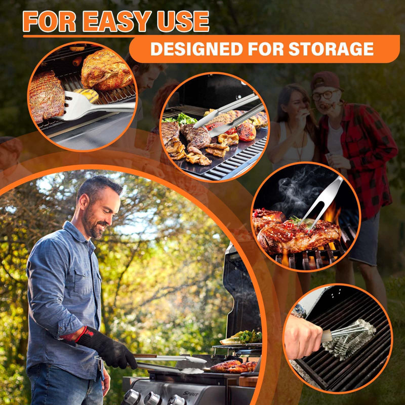 LIFETIME FLOORING LLC Grill Set 4PC BBQ Tools Set Grill Accessories With BBQ Spatula, BBQ Clips, Brushes, BBQ Forks Heavy Duty Grill Kit Grill Tools For Outdoor Grill With Wood Handles Gift Ideas For Dad Man