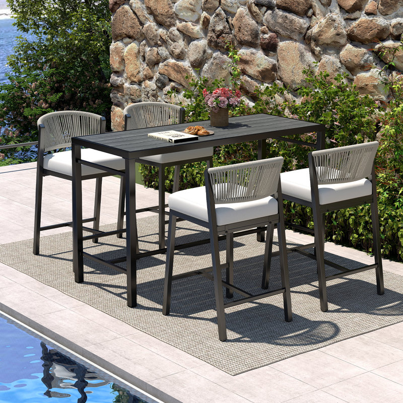Ensemble de salle à manger d'extérieur en aluminium 5 pièces, ensemble de barre de patio tissé en corde avec table rectangulaire