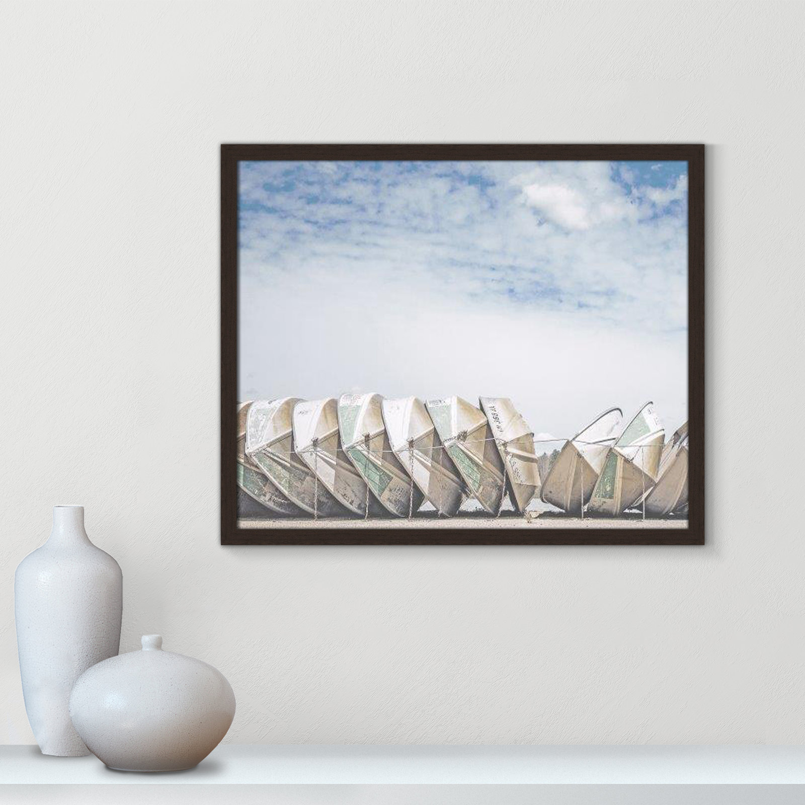 Hennecy "Wooden Boats" Print by Leah Straatsma, 21.5" H x 25.5" W x 1.25" D, Open Grain Walnut