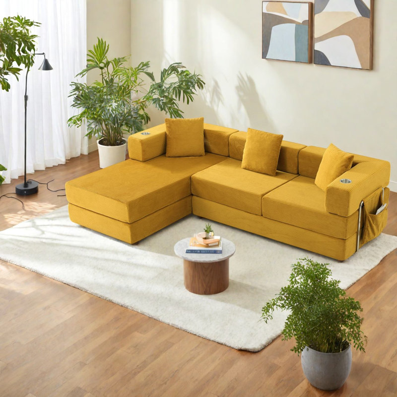 Canapé d'angle pliable et portatif, canapé nuage en velours côtelé de 274 cm (108 po), style moderne pour la maison, Jaune