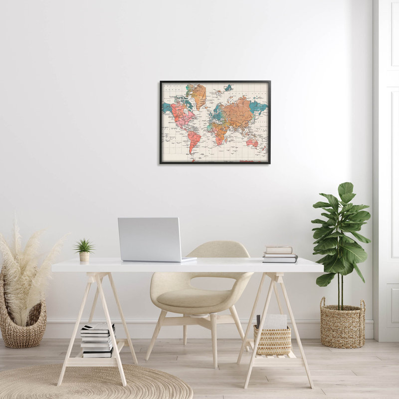 Art mural texturé noir, estampe détaillée de la carte du monde Boho par Elizabeth Medley, Giclée encadrée noir minuit