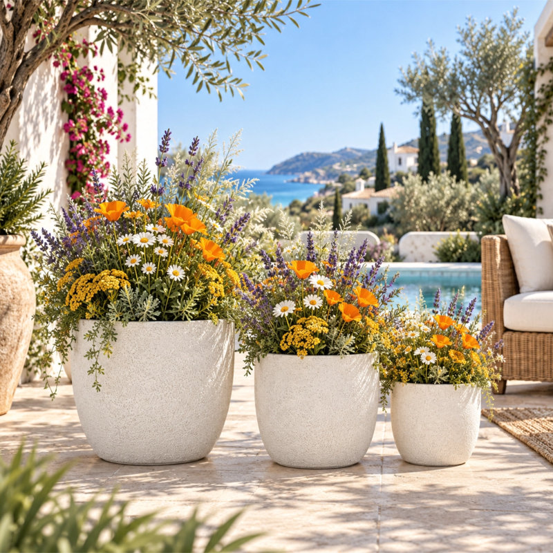 U_STYLE 3 pots de fleurs ronds pour l'extérieur MGO, pots de fleurs texturés mat avec trou de drainage pour patio, Blanc