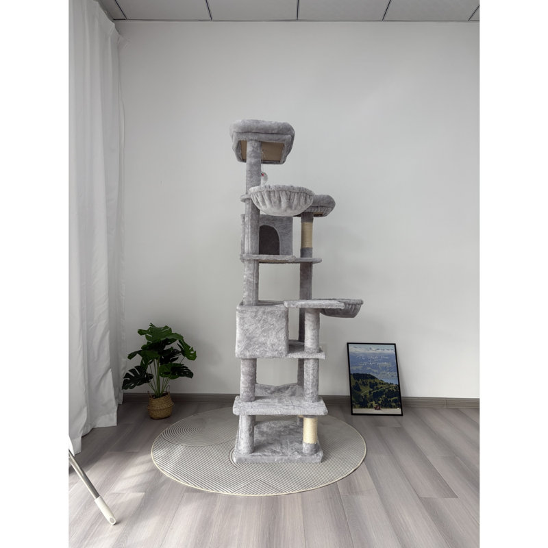 Grand arbre à chat à niveaux multiples de 68 pouces avec hamacs et poteaux à griffer, Gris