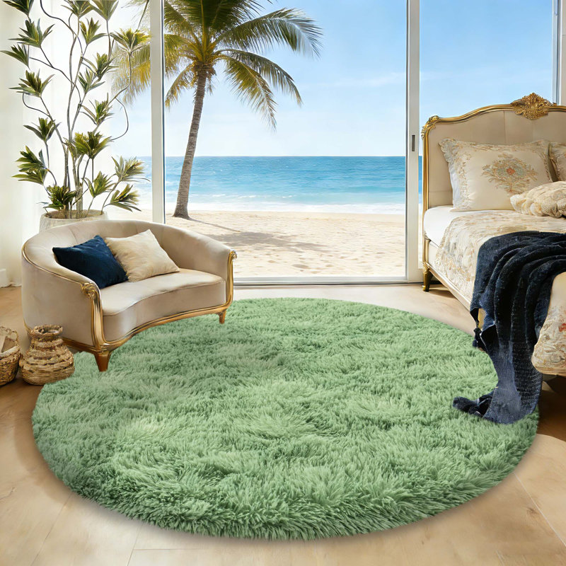 Mint Green Round Shag Rug Non-Slip Long Pile Round Rug 6 ft Silk-Blend Rug Round Shag Rug Perfect for Teen Rooms Suitable for Bedrooms Suitable for Living Rooms Antibacterial Durable Material