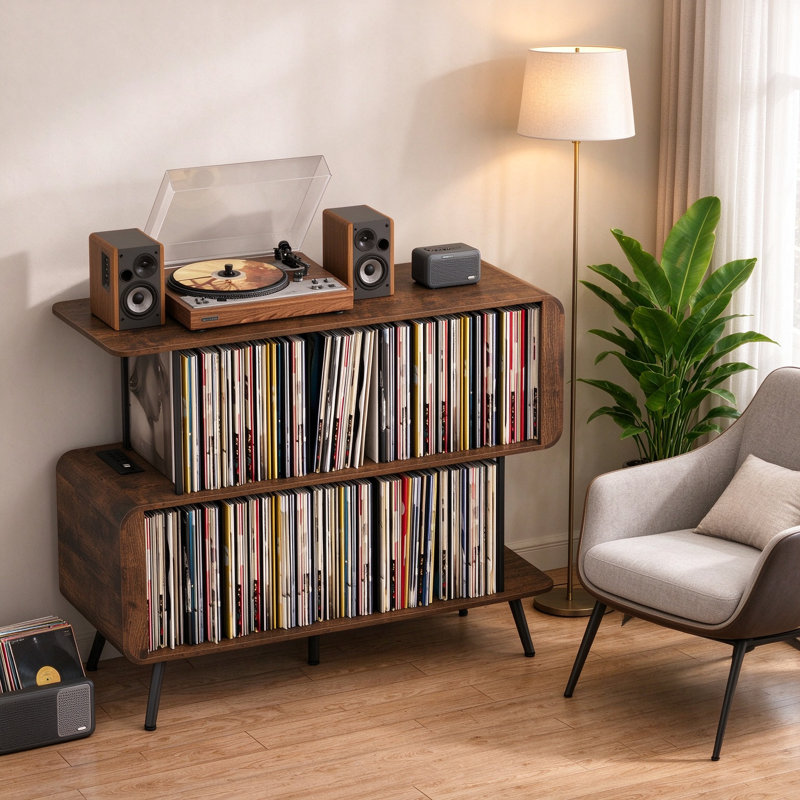 Meuble pour platine vinyle avec rangement pour disques, support en forme de S avec prises électriques intégrées et éclairage DEL, meuble stéréo ouvert pour salon