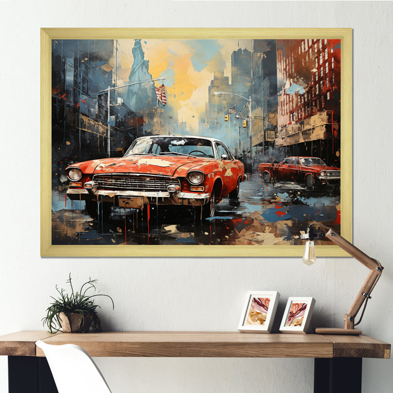 Collage de voitures anciennes - reproduction de toile rétro, H 24 po x l 32 po x P 1 po, Encadrement doré