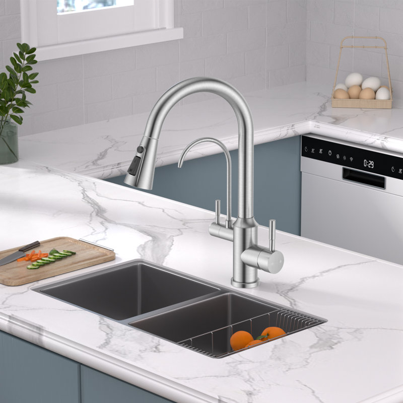 Robinet à 2 poignées avec purificateur d'eau High Arch, Nickel brossé