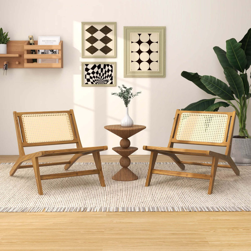 Bayou Breeze 2 Pcs Mid Century Modern Teak Wooden Chair With Handwoven Rattan Seat & Backrest