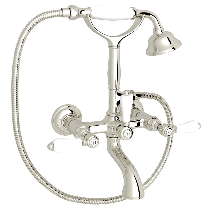 Country Exposed Wall Mount Tub Filler, Polished Nickel, Porcelain Lever Handle