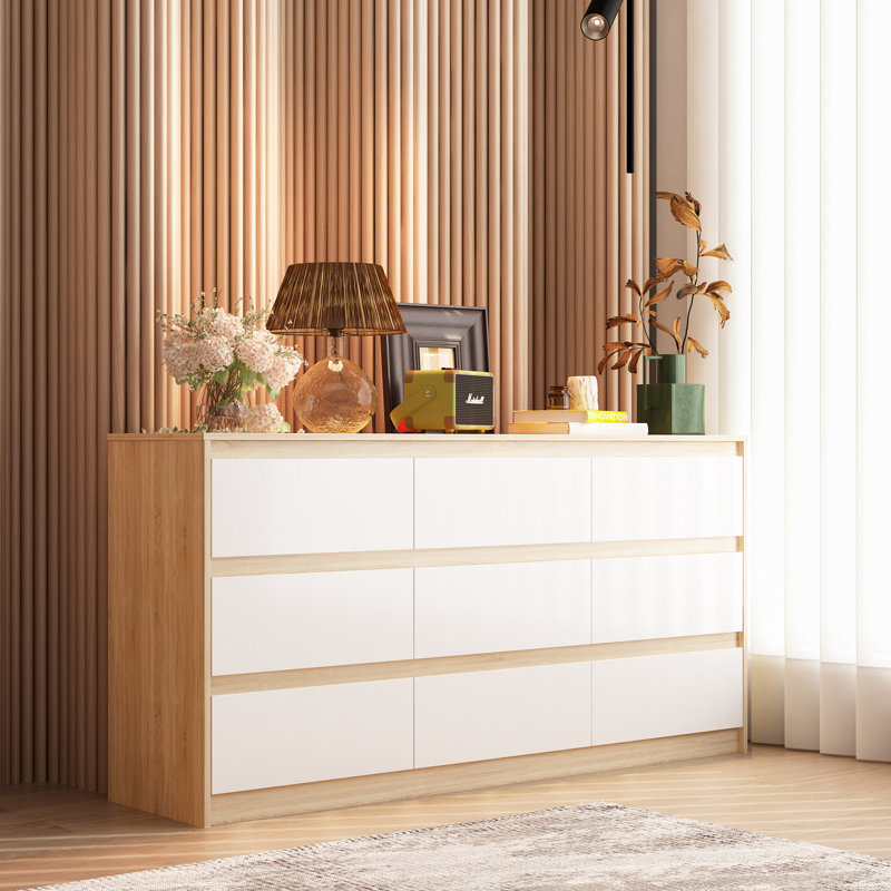 Khaliyl 63''W 9 - Drawer Dresser, White/Natural