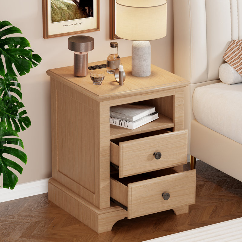 End Table with Charging Station and 2 Drawers, Natural Wood