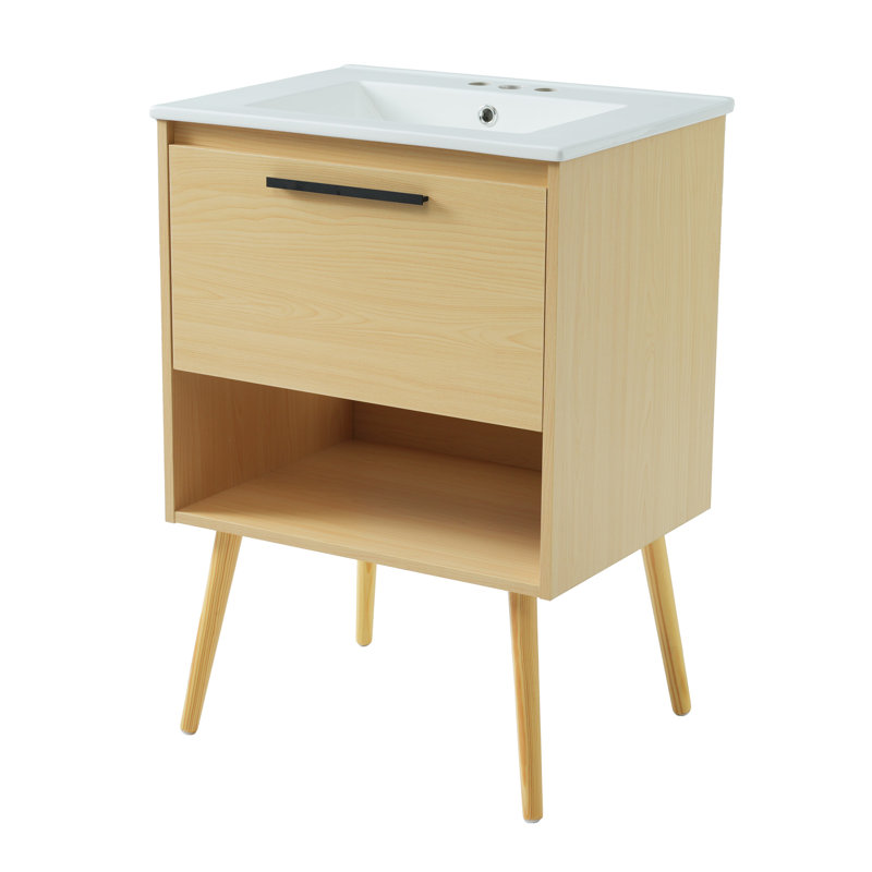 Ensemble de meuble-lavabo avec évier, armoire de salle de bain multifonctionnelle avec tiroir, panneau de fibres à densité moyenne, naturel