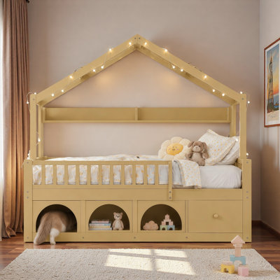 Lit de plancher pour enfants avec toit, lumière DEL, garde-corps de sécurité, tiroirs de rangement et casiers