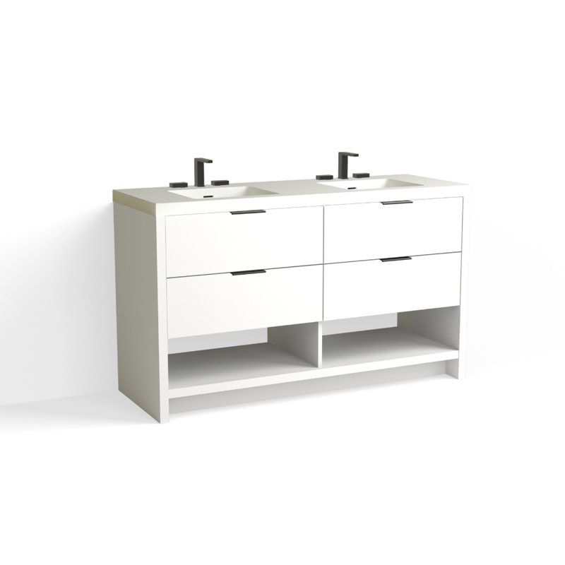Vue 60" W Freestanding Double Bathroom Vanity, Glossy White/8" Widespread, Matte Black, White Nanomatte