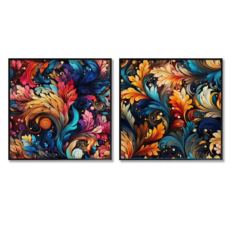 Tseng - Ensemble de 2 collages floraux et botaniques carrés, Cadre flottant noir, H 16 po x l 33 po