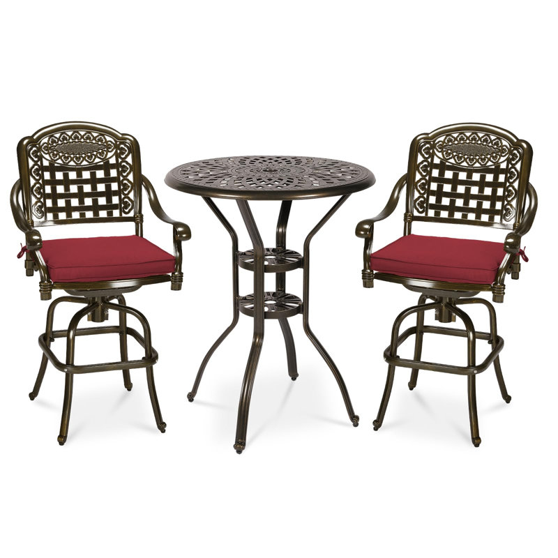 World Menagerie 3-Piece Patio Swivel Bar Set, All-Weather Cast Aluminum Outdoor High Bar Stool Bistro Set For Backyard Garden Deck With 2 Cushions Bar Chairs With Footrest And 31" Bar Table, 2" Umbrella Hole