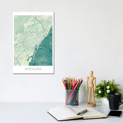 Barcelona Vintage Blue Watercolor Urban Blueprint Map by Hubert Roguski - Wrapped Canvas Print