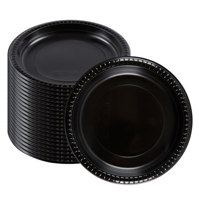 Restaurantware-RW Base 9.1 Inch Microwavable Food Plates, 50 Round Plastic Plates - Disposable, Heavy-Duty, Black Plastic Dinner Plates, Serve Hot And Cold Foods, For Restaurants And Cafes