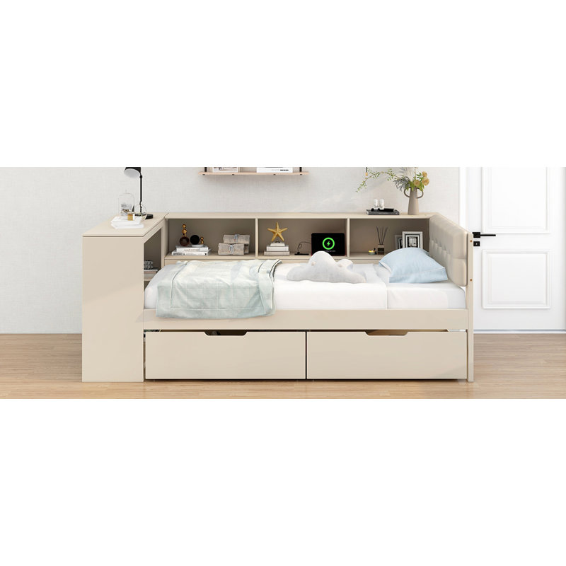 Lit plateforme en bois avec tablettes de rangement, Simple, Crème