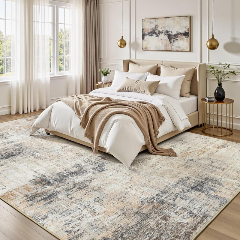8'X10' Modern Abstract Distressed Washable Area Rug with Anti-Skid Rubber Backing Beige, Rectangle 8' x 10'