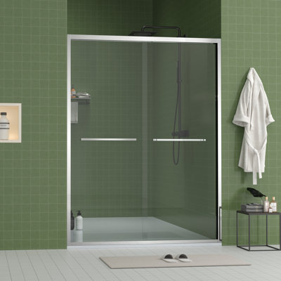 60" Wide And 70" High Aluminum Frame Bypass Bathroom Sliding Door With Double Handle As Towel Rail, - Crash Angle, Mute Rollers, Easy To Install 56 Adjustable Width 8Mm & Tempered Glass, Stainless