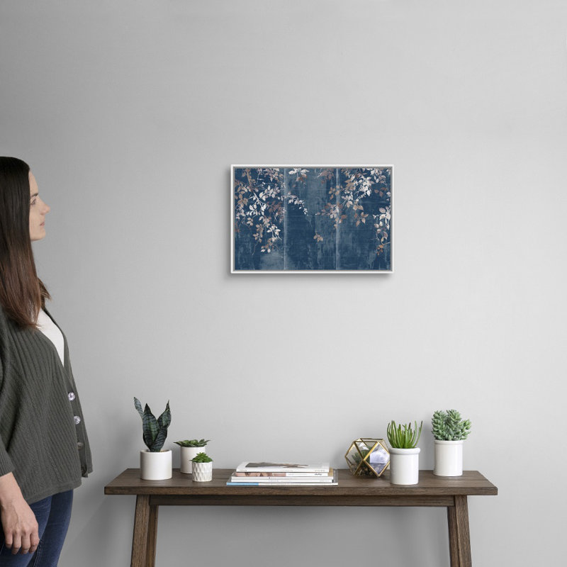 Indigo, art japonais sur toile, jardin japonais, H 14 po x l 20 po, Toile avec cadre blanc