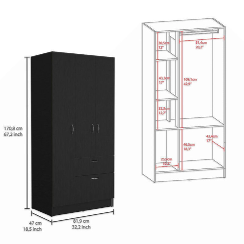 Armoire et commode 2 pièces Capwell, noir et pin