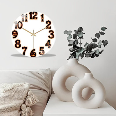 Horloge murale silencieuse en verre trempé de 30 cm, motif citrouille d'Halloween, sans tic-tac, fonctionne avec des piles AA (non incluses), décoration artistique pour la maison