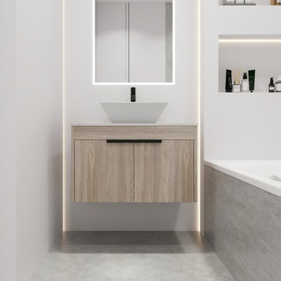 Ensemble de meuble-lavabo flottant de conception moderne avec lavabo en céramique, meuble-lavabo mural blanc avec porte à fermeture en douceur