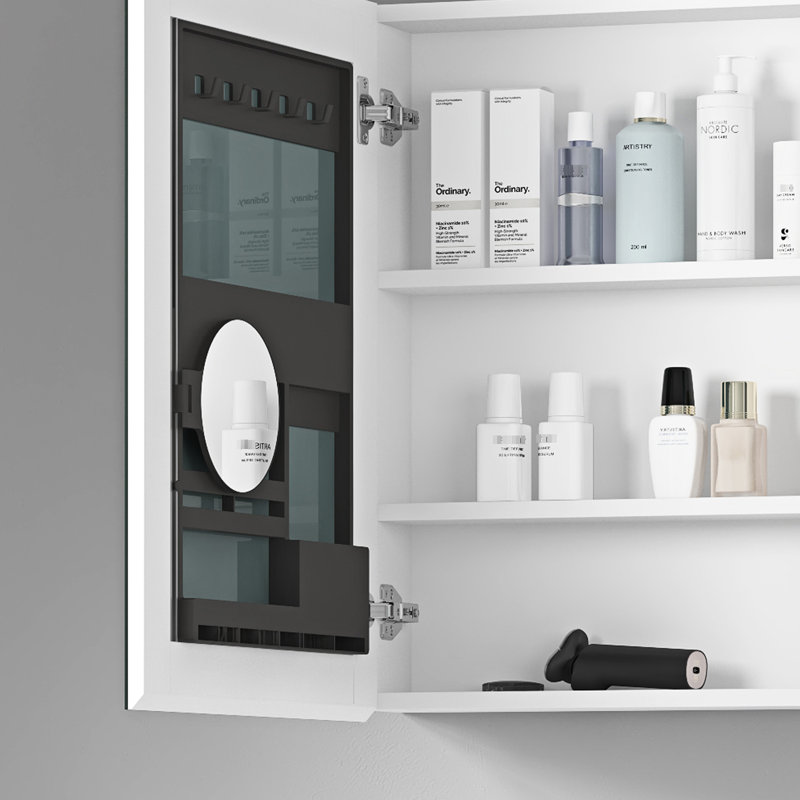 Armoire à pharmacie de salle de bain l 36 po x H 26 po, décoration de miroir biseauté, espace de rangement spacieux, présentoir de haute définition, charnière, bois d'ingénierie, miroir à rebord blanc, bois d'œuvre silencieux