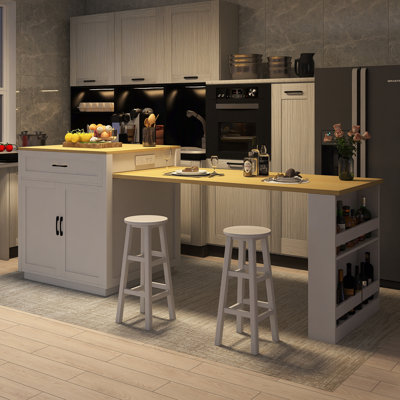 82.7" Kitchen Island With Extendable Dining Table With Spice Rack & Power Outlet