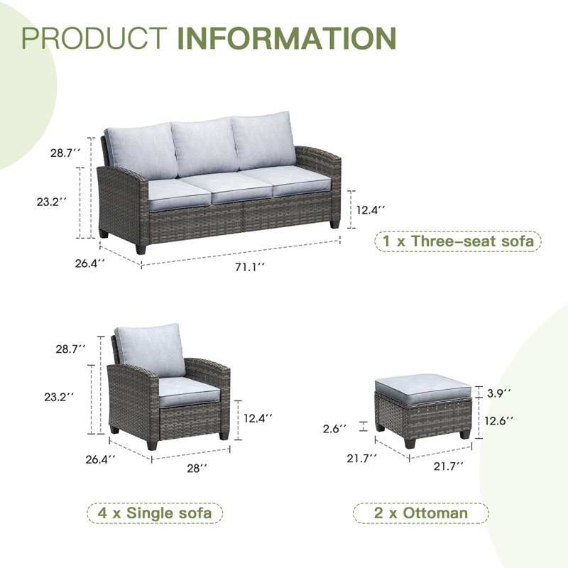 Ensemble de conversation d'extérieur en rotin avec coussin, Gris, Gris