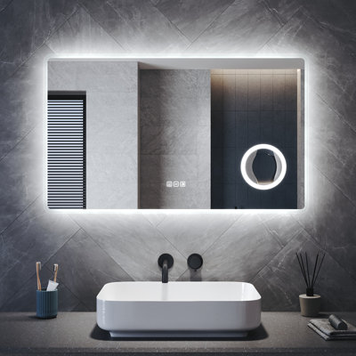 White Aluminium Framed Bathroom Mirror, Full Frosted Edge, Anti-Fog, Magnifier, Touch Dimmable LED &