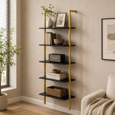 Tablette murale à 5 niveaux avec cadre en métal doré - Organisateur de rangement multifonctionnel pour les petits espaces et la présentation des plantes dans le salon