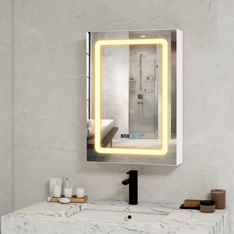 LED Bathroom Mirror Cabinet with Charging, Bathroom Storage Cupboard with Adjustable Shelves, 45cm, White
