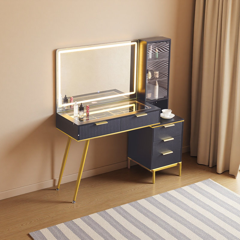 Bureau de meuble-lavabo avec miroir et lumières, bureau de maquillage avec prise de courant, bureau de maquillage avec 5 tiroirs et tablettes de rangement, coiffeuse 3 modes de couleurs lumineuses réglables pour coiffeuse