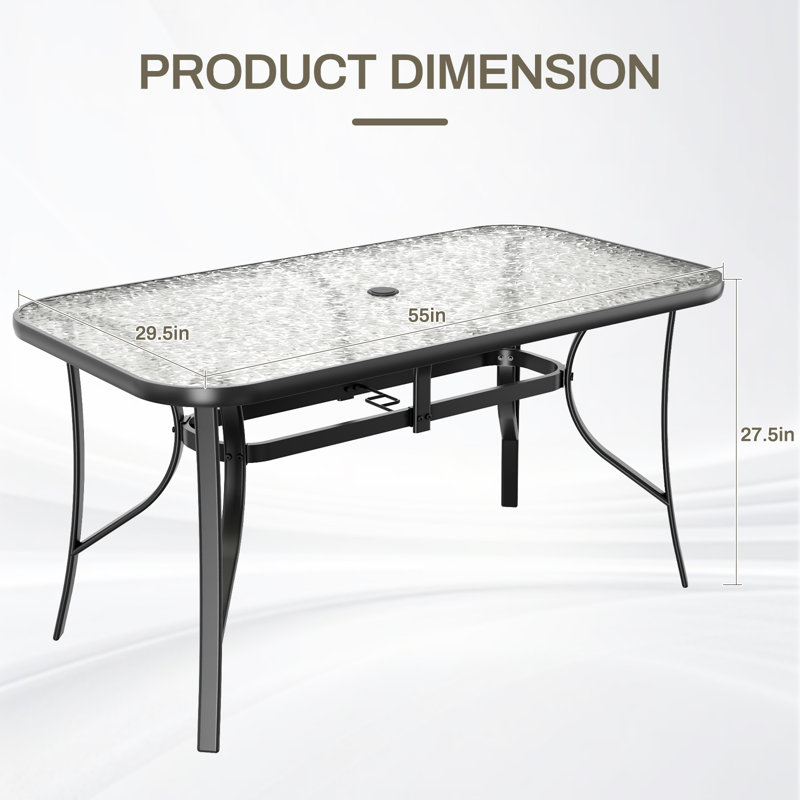 Patio Outdoor Table W/ 1.69″  Umbrella Hole, 30"x 55" Rectangular Tempered Glass Patio Dining Table For 6,  Outdoor Metal Furniture, All-weather Use, For Patio, Garden, Backyard, Poolside(black)